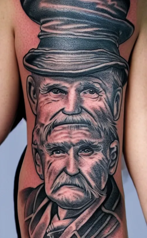 Image similar to a tattoo of an old man wearing a hat on top of a tower, ultra detailed, tattoo, 8 k