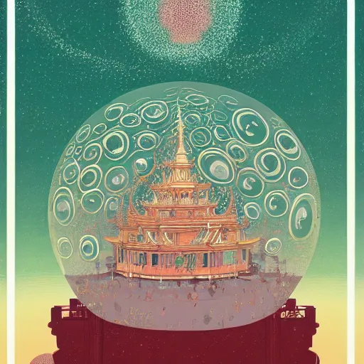 Image similar to a surreal bubble cluster with floating temple, by Victo Ngai