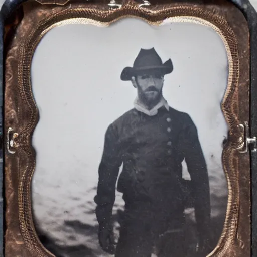 Prompt: tintype photo, bottom of the ocean, cowboy exploding