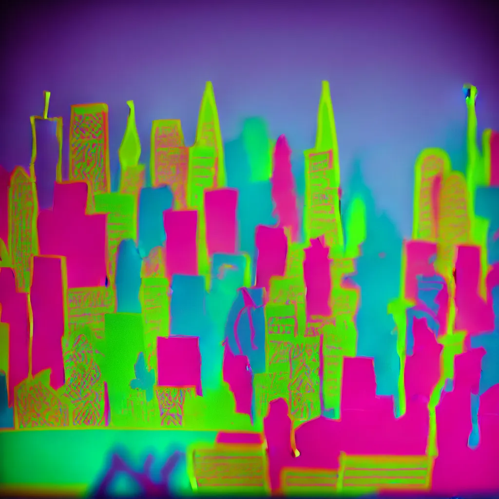 Prompt: neon plasticine city skyline in the collective unconscious, cute colors backlit