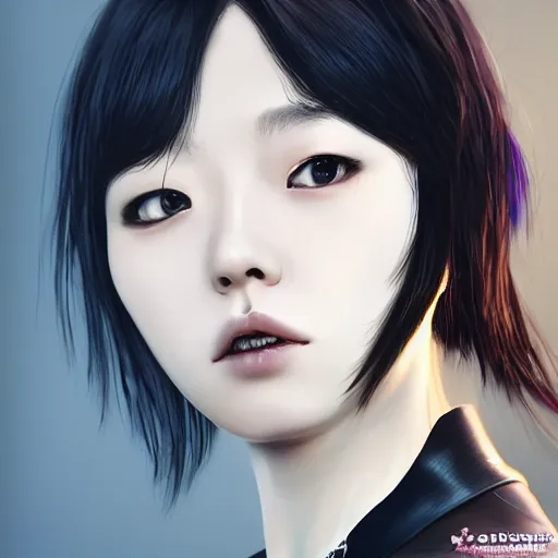 Image similar to detailed realistic korean female character cyberpunk, realistic, art, beautiful, 4K, artstation, detailed, female, woman, choker, cyberpunk, neon, punk, collar, choker, collar around neck, thick collar, tight around neck, punk, looking straight forward, symmetrical eyes, beautiful eyes, realistic eyes