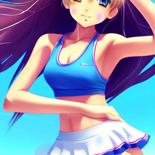 Image similar to a very beautiful young anime tennis girl, full body, long wavy blond hair, sky blue eyes, full round face, short smile, bikini, miniskirt, front view, highly detailed, cinematic wallpaper by stanley artgerm lau