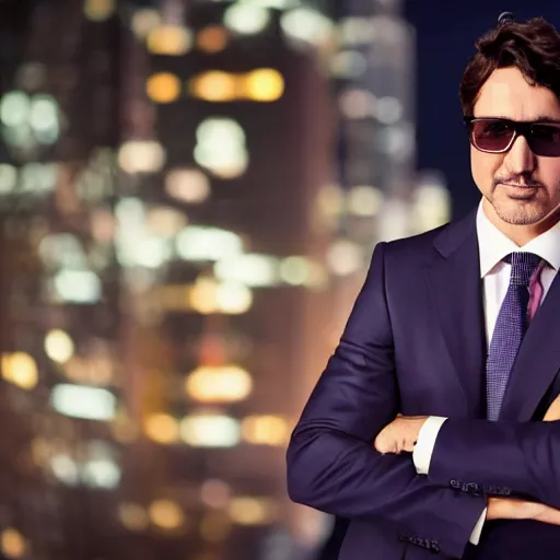 Prompt: a still of Justin Trudeau. He's wearing a suit and sunglasses, dark. Studio lighting, shallow depth of field. Professional photography City at night in background, lights, colors,4K