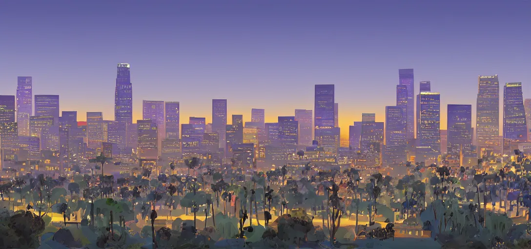 Image similar to visual development of los angeles skyline cityscape at dusk by lou romano, pixar disney dreamworks sony animation
