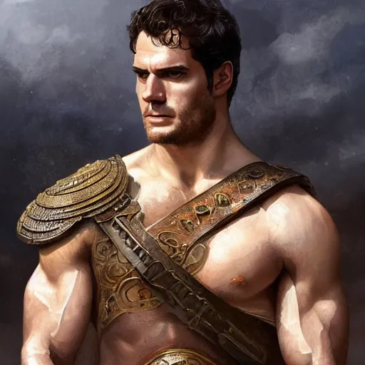 Image similar to henry cavill as a roman gladiator, upper body, muscular, fantasy, intricate, elegant, highly detailed, digital painting, artstation, concept art, smooth, sharp focus, illustration, art by artgerm and greg rutkowski and alphonse mucha