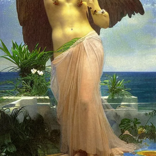 Prompt: The chalice of the angels, refracted sparkles, thunderstorm, greek pool, beach and Tropical vegetation on the background major arcana sky, by paul delaroche, alphonse mucha and arnold böcklin, hyperrealistic 8k, award-winning, very very very detailed