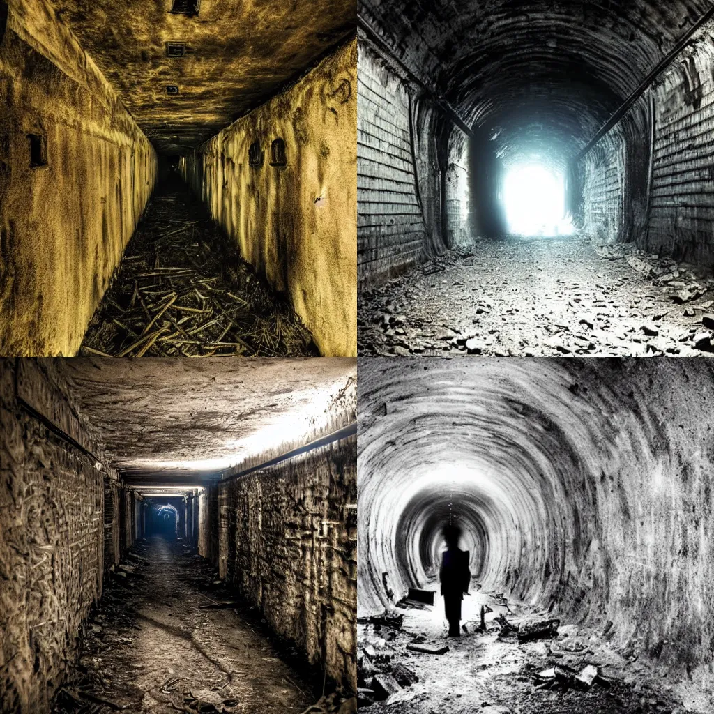 Prompt: a realistic horrible creature standing at the end of an abandoned mine, long tunnel, dream like atmosphere,