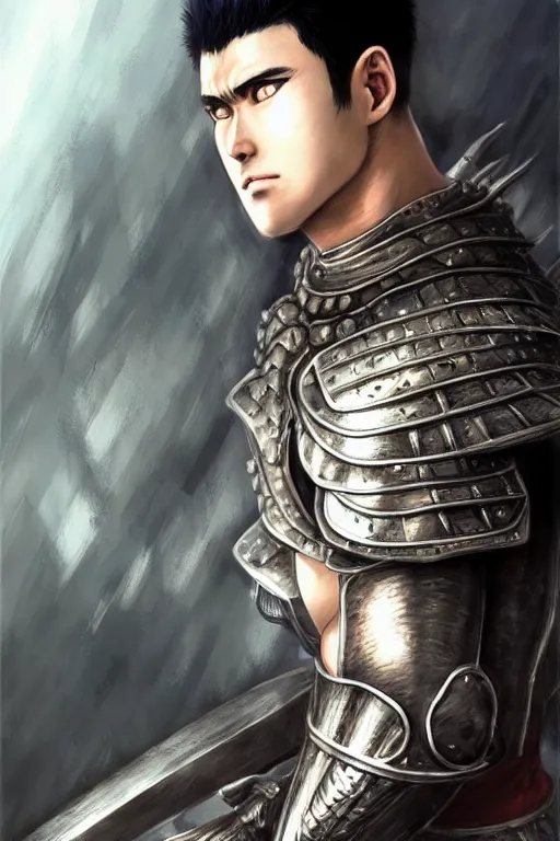 Image similar to A realistic anime portrait of Guts in the berserk armor, berserk, digital painting, by Stanley Artgerm Lau, Sakimichan, WLOP and Rossdraws, digital painting, painterly, Pixiv, Deviantart, golden ratio, rule of thirds, good composition, HD, 8k, award winning, promo art, splash art, rpg, jrpg, dungeons and dragons, DND, trending on ArtStation