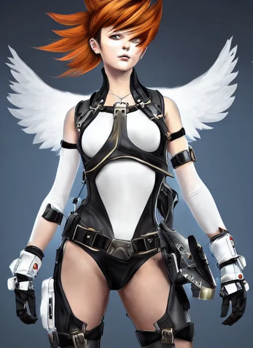 Image similar to portrait digital artwork of tracer overwatch, wearing white latex and leather straps catsuit outfit, in style of mark arian, angel wings, dramatic painting, wearing detailed leather collar, chains, black harness, detailed face and eyes,