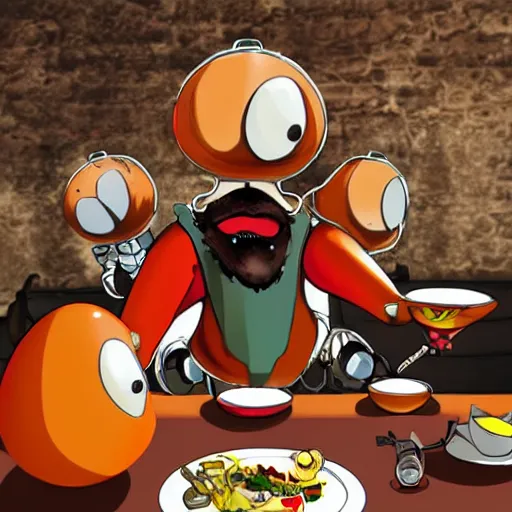 Prompt: robotnik eggman having a nice dinner at a rustic italian restaurant with his robots