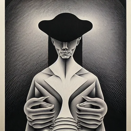 Prompt: lithography on paper secret conceptual figurative post - morden monumental dynamic portrait drawn by escher and hogarth, inspired by magritte, illusion surreal art, highly conceptual figurative art, intricate detailed illustration, controversial poster art, polish poster art, geometrical drawings, no blur