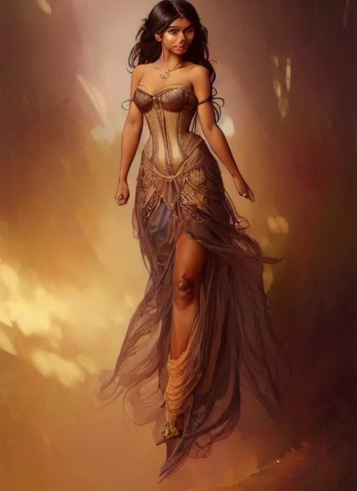 Image similar to cute brown woman wearing a transparent corset dress, fantasy, intricate, highly detailed, digital painting, artstation, concept art, wallpaper, smooth, sharp focus, illustration, art by artgerm and greg rutkowski and alphonse mucha