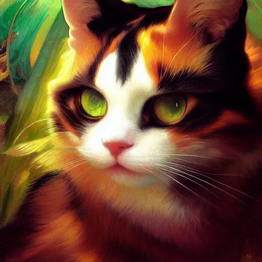 Prompt: portrait of a calico cat, calico cat, animal, cat masterpiece, sakimichan, Ross Tran, Alphonse Mucha