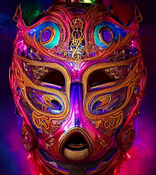 Prompt: portrait of a fantasycore glitchcore luchador mask. intricate abstract. intricate artwork. celestial. prismatic, by Josephine Wall, disney, pixar. octane render, CGSociety very coherent symmetrical artwork. cinematic, hyper realism, high detail, octane render, 8k, holographic accents