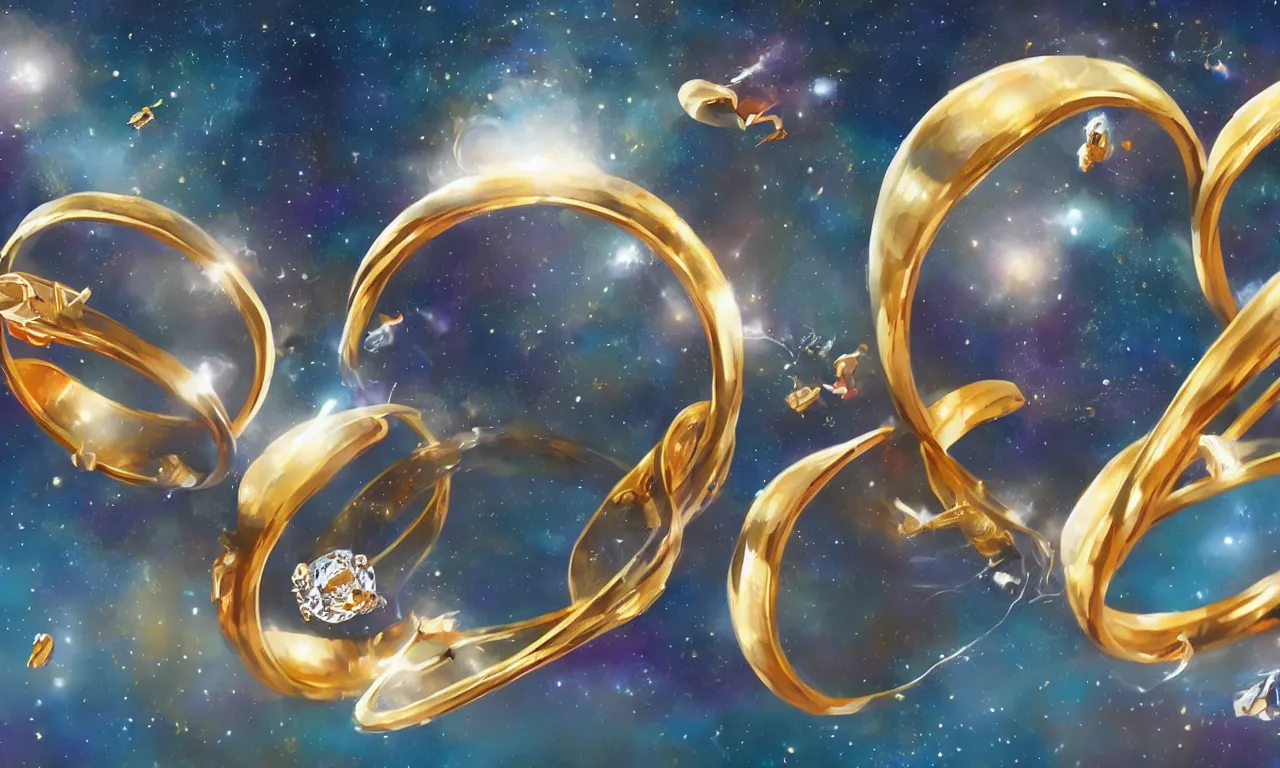Prompt: joined wedding rings flying in space with golden hearts, rutkowsky, highly detailed, digital painting, artstation