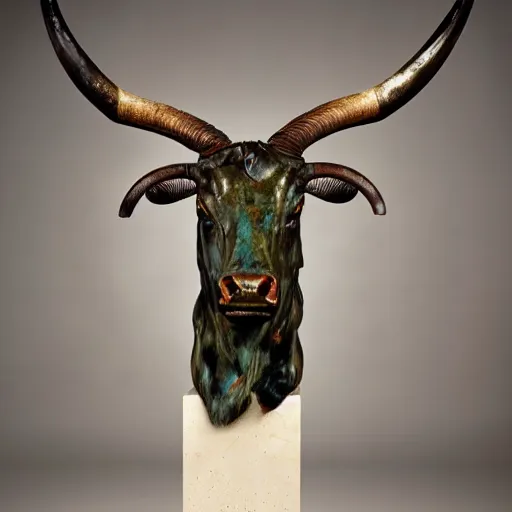 Image similar to professional color photograph of a patinated bronze portrait bust of an angry Texas Longhorn bull supported by a bronze plinth, by Auguste Rodin