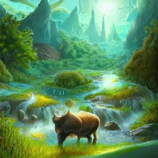 Image similar to beautiful lush natural scene on another planet, with creatures. lightfall. beautiful detailed digital painting. trending on artstation and deviantart.