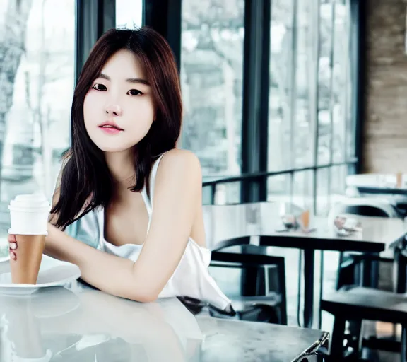 Prompt: stunning young adult korean woman in a coffee shop wearing low poly, glossy white armor, magazine photo, 5 0 mm