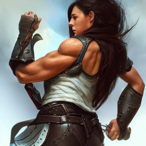 Image similar to “Tomboy Athletic Muscular woman student with dark long hair and rounded features, wears leather armor, D&D, fantasy, intricate, cinematic lighting, highly detailed, digital painting, artstation, concept art, smooth, sharp focus, illustration, art by Artgerm and Greg Rutkowski and Alphonse Mucha, picture from the waist up”