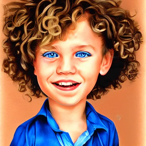 Image similar to caricature painting of a toddler boy with curly blond hair and blue eyes, photography, realistic