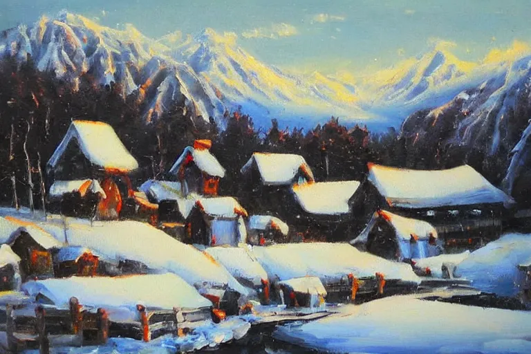 Image similar to beautiful snow mountain village, oil painting, oil in canvas, brushstrokes