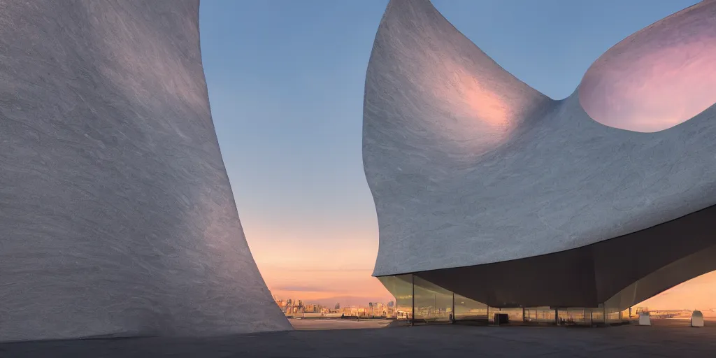 Image similar to extremely detailed awe stunning beautiful futuristic smooth curvilinear museum exterior, translucent gills, stunning volumetric light, stainless steel, concrete, translucent material, beautiful sunset, hyper real, 8k, colorful, 3D cinematic volumetric light, atmospheric light