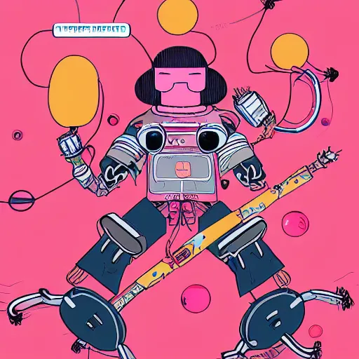 Image similar to a woman named yoshimi battles pink robots, illustrated, detailed