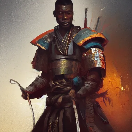 Prompt: A portrait of an african man, samurai, fantasy art, art by greg rutkowski, matte painting, trending on artstation