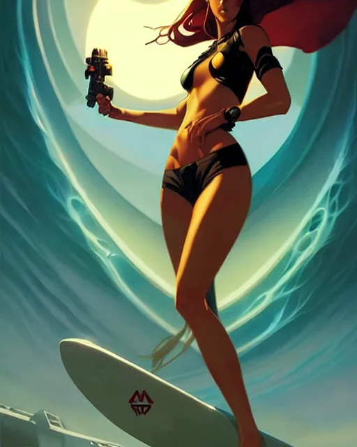 Prompt: peter mohrbacher, phil noto comicbook cover art, jessica alba as riptide