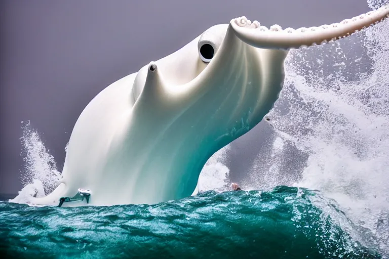 Prompt: underwater photography of a gigantic white octopus jumping a wave at nazare