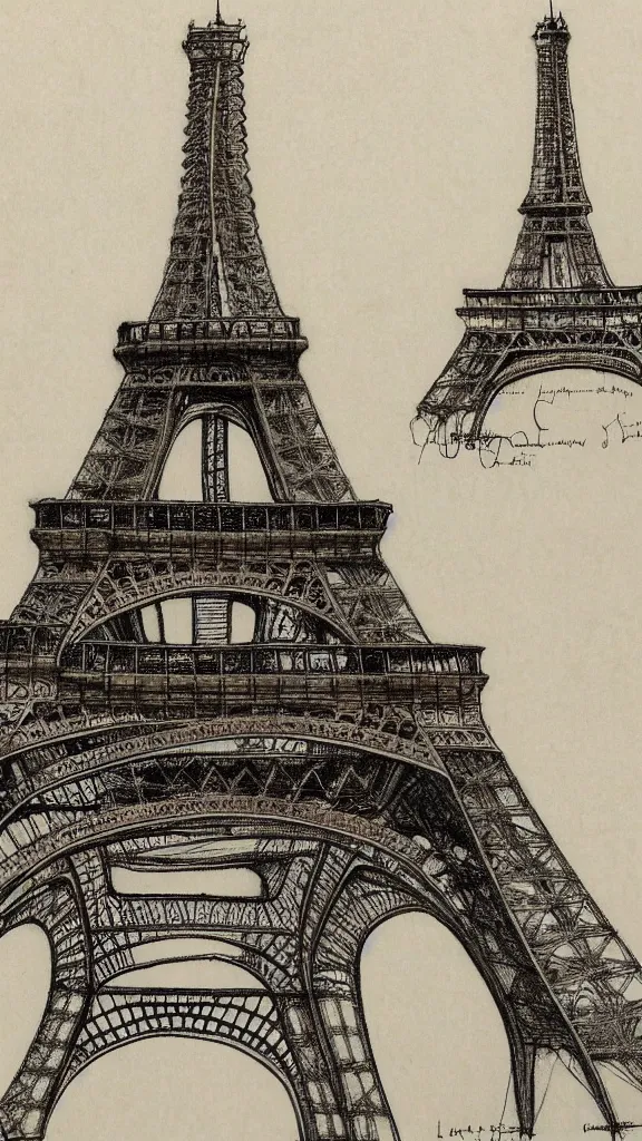 Image similar to architectural design studies of Eiffel tower, schematics, notes, different closeup view, drawn by Leonardo da Vinci, chinese inkpen draw, artistic, intricated details