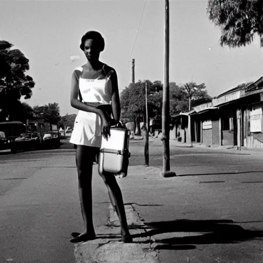 Image similar to of a young 2 1 year old white girl on the main street in bulawayo with a suitcase in 1 9 6 0 black and white photograph