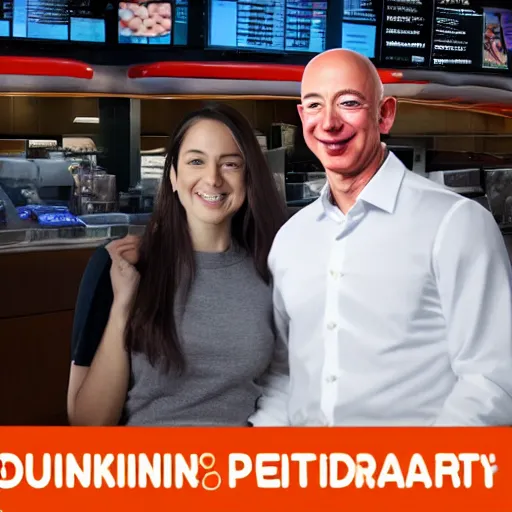 Image similar to 8k hyper realistic HDR portrait photo of Dunkin Donuts employee with Jeff Bezos’ face