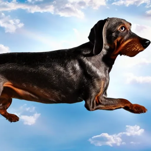 Image similar to an elderly, grey wire-haired dachshund floating in heaven, blue sky, surrounded by beautiful white clouds, with a halo