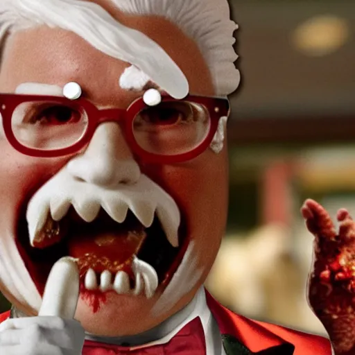 Image similar to colonel sanders as an angry deranged zombie, background is a kfc,