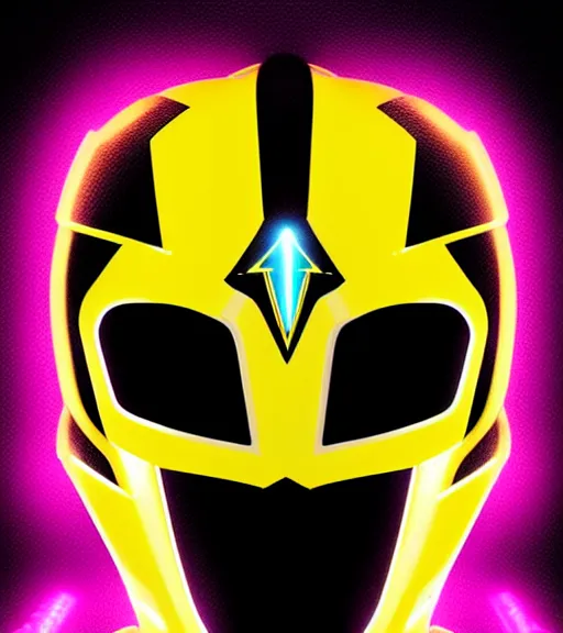 Image similar to symmetry!! yellow ranger, lightning - bolt - shaped helmet!!, hard edges, product render retro - futuristic poster scifi, lasers and neon circuits, yellow ranger, thunder, lightning, intricate, elegant, highly detailed, digital painting, artstation, concept art, smooth, sharp focus, illustration, dreamlike, art by artgerm