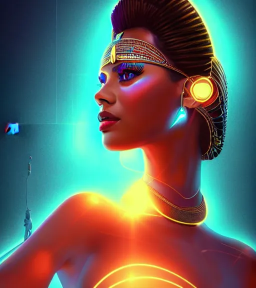 Image similar to symmetry!! egyptian princess of technology, solid cube of light, hard edges, product render retro - futuristic poster scifi, lasers and neon circuits, brown skin gorgeous egyptian princess, intricate, elegant, highly detailed, digital painting, artstation, concept art, smooth, sharp focus, illustration, dreamlike, art by artgerm