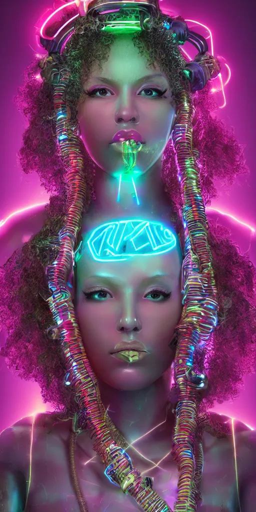 Image similar to symmetry!! a cyberpunk mulatto beauty queen, by wlop, by justin bua, motherboard, circuitry, wires, neon lights, beads, curly afro, micro detail, sci - fi, photorealism, 8 k, cgsociety