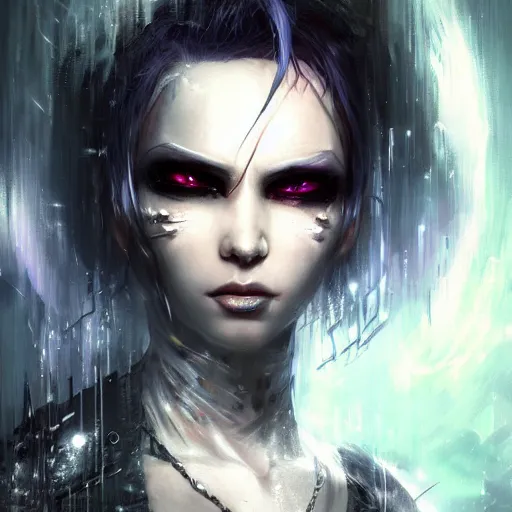 Image similar to kerli koiv, cyberpunk darksynth character art, sharp, digital matte painting, anime key art by luis royo, greg rutkowski, wlop, dramatic lighting, trending on artstation