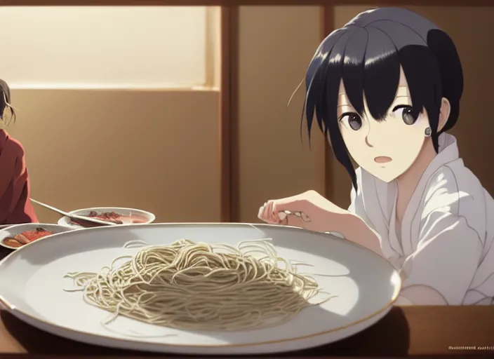 Image similar to a film still portrait of a plate with soba and udan, finely detailed features, closeup at the food, perfect art, at a dinner table, gapmoe yandere grimdark, trending on pixiv fanbox, painted by greg rutkowski makoto shinkai takashi takeuchi studio ghibli, akihiko yoshida