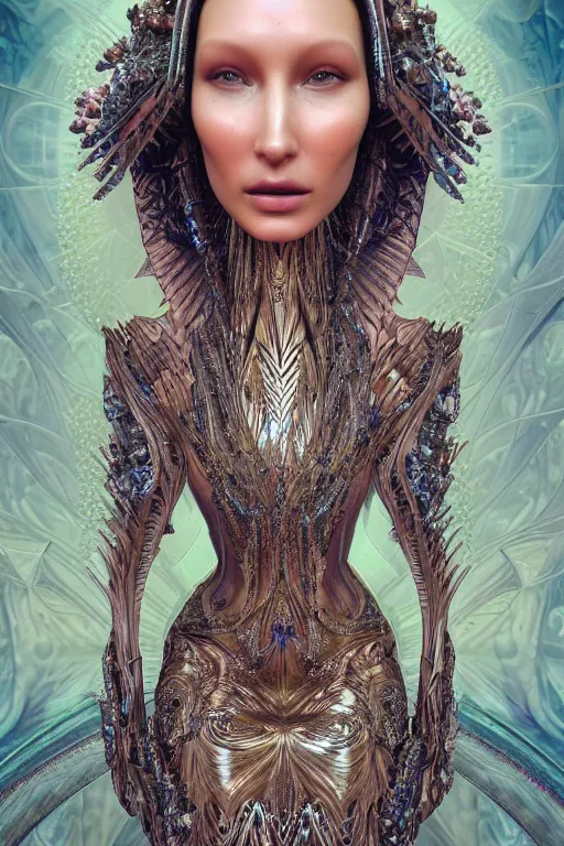 Image similar to a realistic portrait of a beautiful ancient alien woman goddess bella hadid standing in iris van herpen dress jewelery and fractals in style of alphonse mucha art nuvo dmt trending on artstation made in unreal engine 4