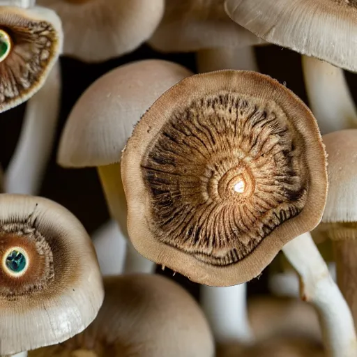 Image similar to clustered eyeballs protruding from a mushroom cap