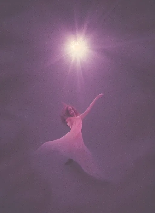 Prompt: female ascending into the sky, glowing aura, motion blur, long exposure, film grain, cinematic lighting, experimental film, shot on 1 6 mm