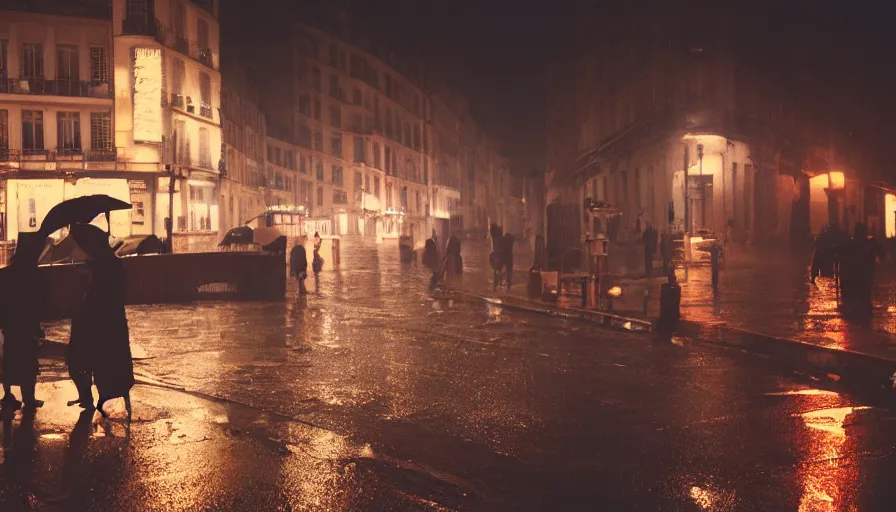 Image similar to street of paris photography, night, rain, mist, a umbrella pink, cinestill 8 0 0 t, in the style of william eggleston