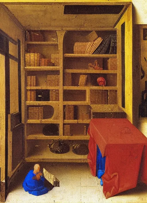 Image similar to bookshelf with books and children toys, medieval painting by jan van eyck, johannes vermeer, florence