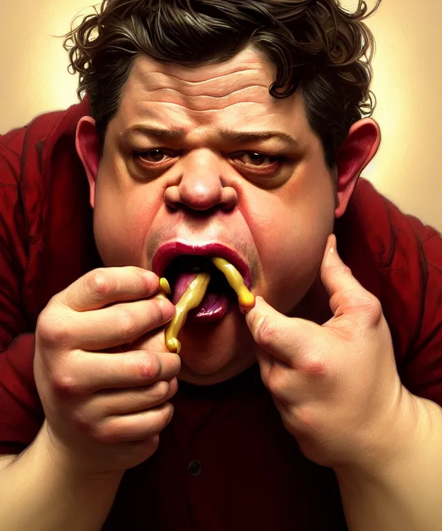 Prompt: portrait of patton oswalt choking on a sausage, intricate, headshot, highly detailed, digital painting, artstation, concept art, sharp focus, cinematic lighting, illustration, art by artgerm and greg rutkowski, alphonse mucha, cgsociety