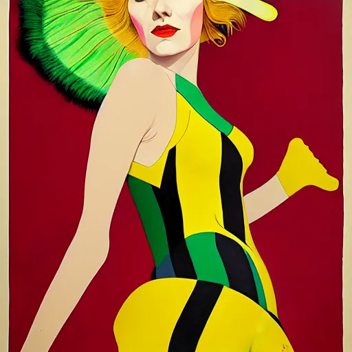 Image similar to art by joshua middleton, a medium shot portrait of the golden creeper, a tall manically smiling yellow - skinned woman with green and black striped cycling shorts and wearing a long red and black striped ostrich feather boa, yellow makeup, mucha, kandinsky, poster, art deco motifs, comic art, stylised design, scarlet feather boa