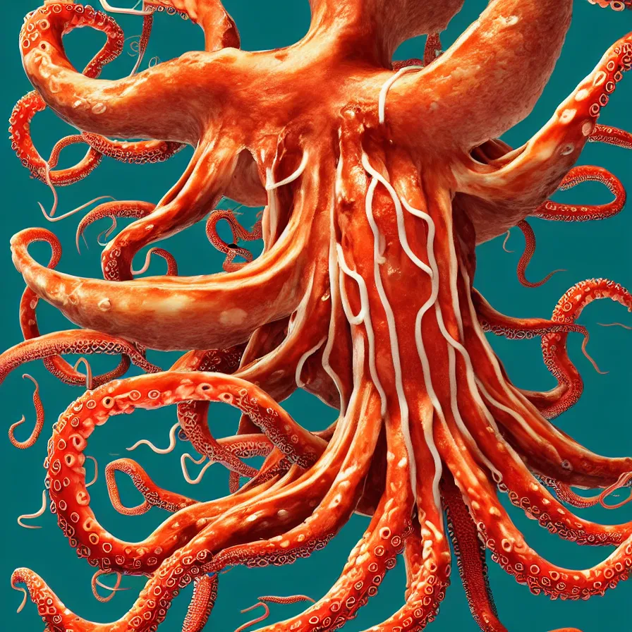 Image similar to ultra detailed anatomy textbook illustration of a giant octopus holding many burgers, tentacles wrapped around burgers, artstation, 8 k