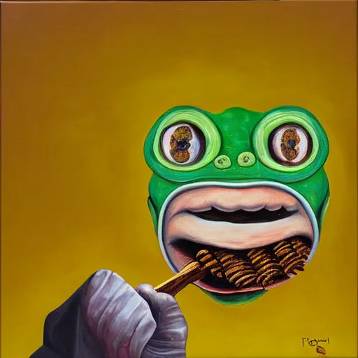 Prompt: pepe frog eating honey, surrealism, oil and acrylic on canvas, high detail