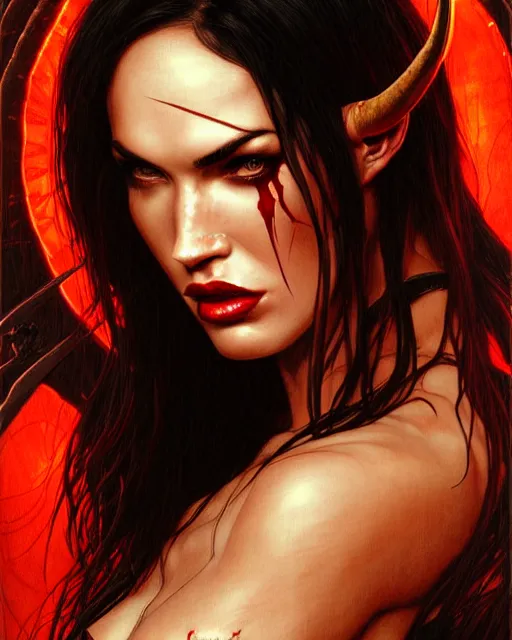 Image similar to portrait of megan fox as purgatori, vampire, horns, red skin, chaos comics, coffin comics, hell, intricate, headshot, highly detailed, digital painting, artstation, concept art, sharp focus, cinematic lighting, illustration, art by artgerm and greg rutkowski, alphonse mucha, cgsociety